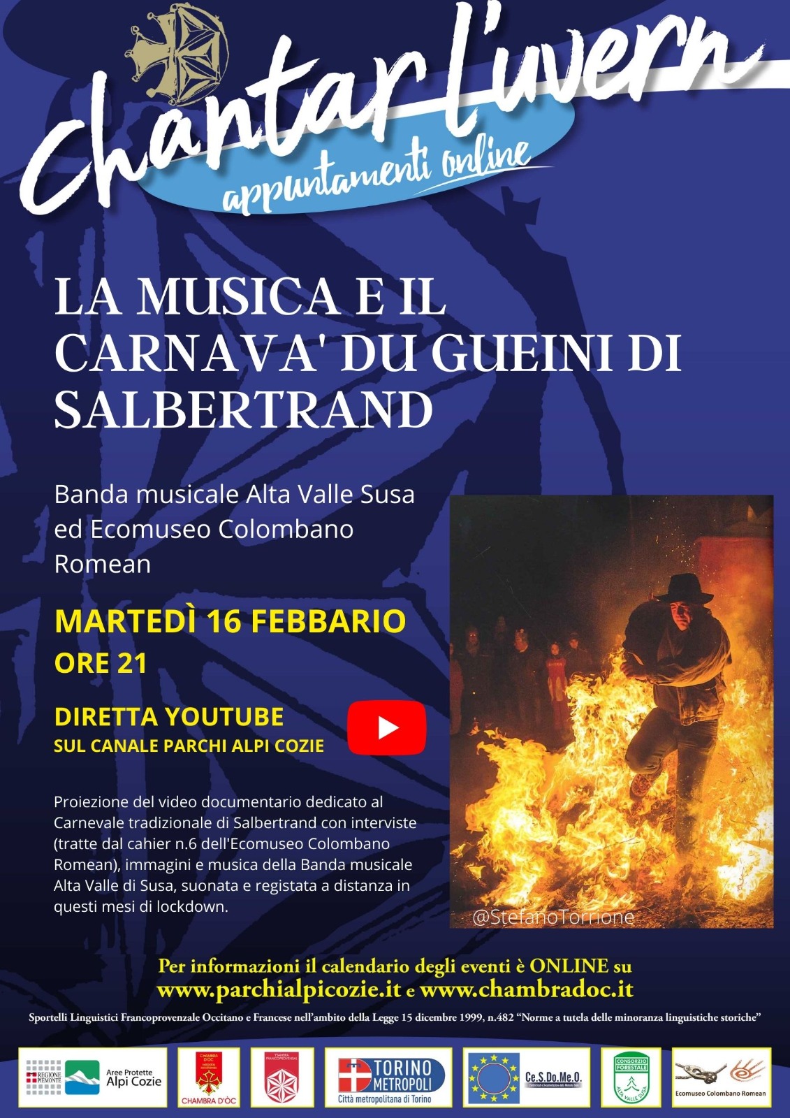 Locandina evento online La musica e il Carnavà du Guéini di Salbertrand