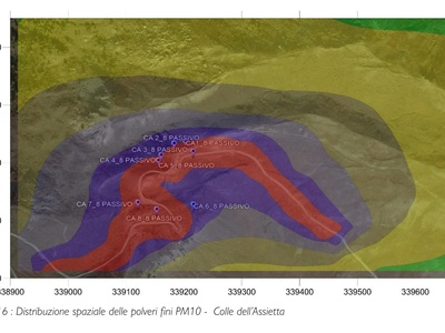 An illustration showing the distribution of fine particles PM10 in the area of Colle dell\u0027Assietta.