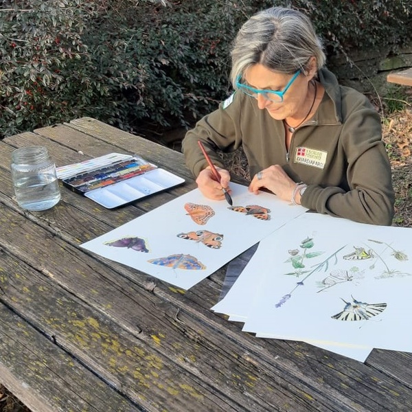 A recent image of Valentina Mangini at work illustrating the calendar for the Alpi Cozie Parks.