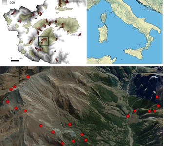 Map of the study area with the 254 listening points monitored along the altitude gradient in the Western Alps. The image below shows in detail two examples of altitude transects with listening points in the Val Troncea Natural Park, Pragelato.