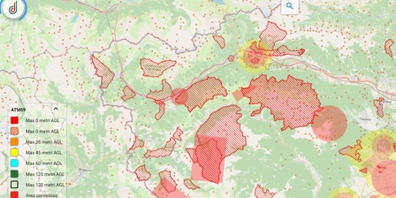 A detail from the D\u002DFlight maps showing the borders of the territories within the Protected Areas of the Cottian Alps (and not only), where drone flying is prohibited.